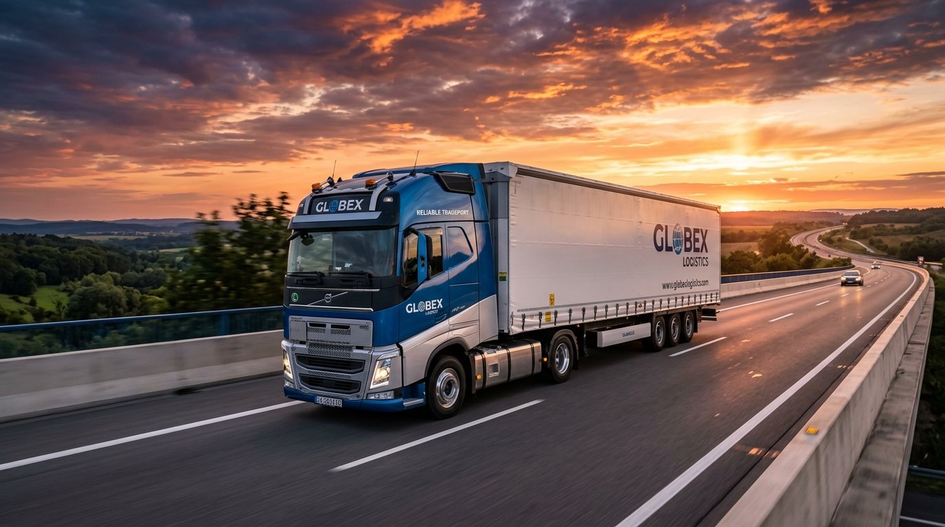 SPD Logistics Commercial Cargo Fleet on Highway at Sunset